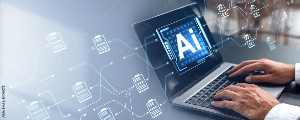 Man using laptop, AI document management system hologram hud Man using laptop, AI document management system hologram hud
