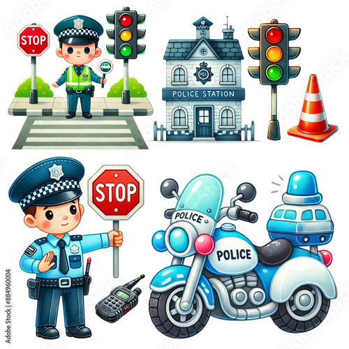 A cartoon illustration featuring a police officer, traffic lights, a police station, a motorcycle, and other safety equipment.