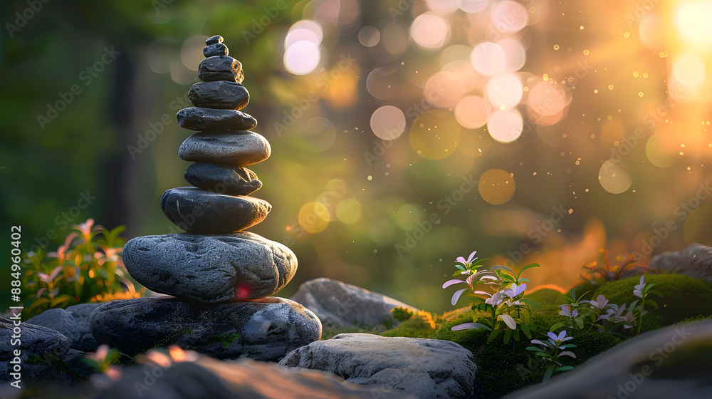 Obraz premium Stone Zen concept. Balanced rock stacks convey tranquility and harmony. Reflection of meditation, mental equilibrium, and serenity. Neutral, monochromatic palette,&nbsp;