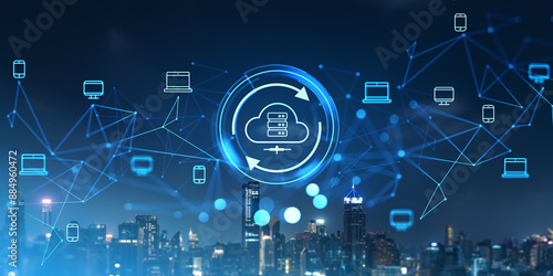 Konstfotografi Cloud service hologram and files transfer, synchronization sign and skyscrapers