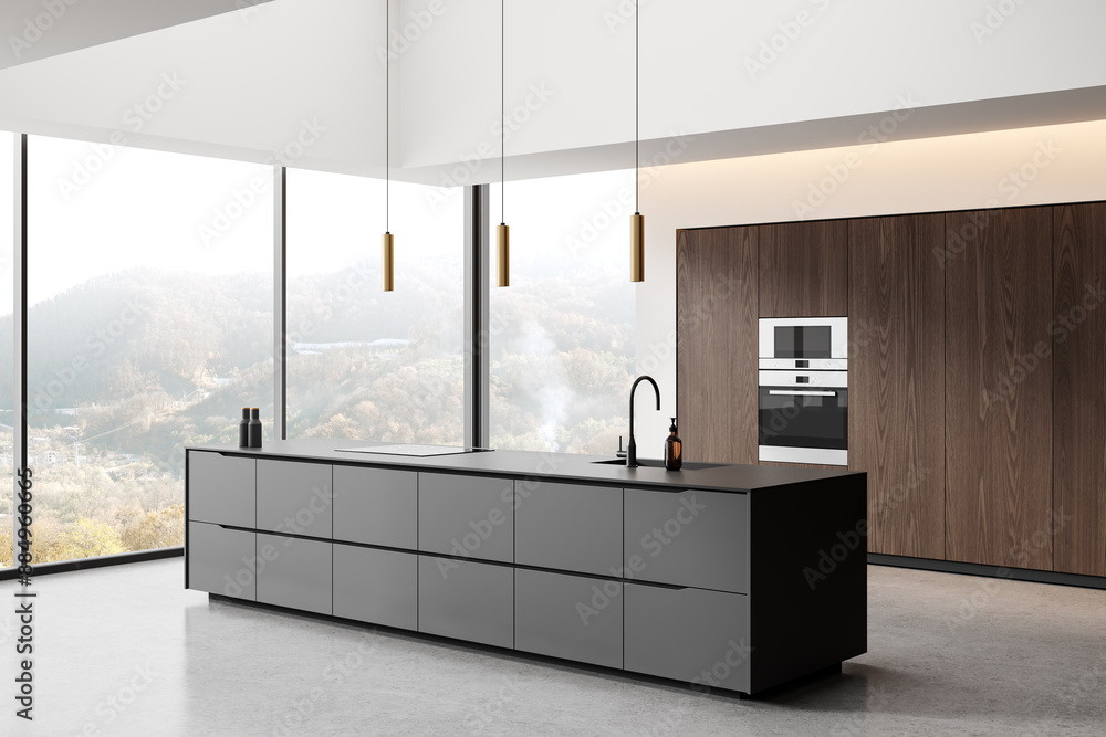 Luxury home kitchen interior with bar counter, cooking cabinet near window Luxury home kitchen interior with bar counter, cooking cabinet near window