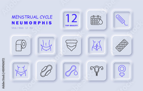 Menstrual cycle set icon. Calendar, tampon, menstrual pad, uterus, pain, sanitary pad, period, tablet, hygiene, ovary, contraception, symptom, woman.