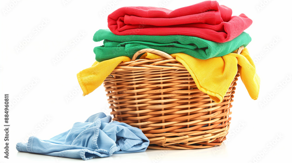 A stack of clean clothes and a wicker basket with clean laundry, isolated on a white background
A stack of clean clothes and a wicker basket with clean laundry, isolated on a white background