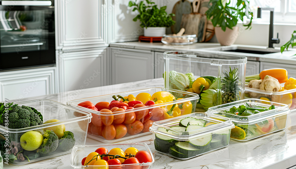 Glass and plastic containers with different fresh products on white marble table in kitchen. Food storage Glass and plastic containers with different fresh products on white marble table in kitchen. Food storage