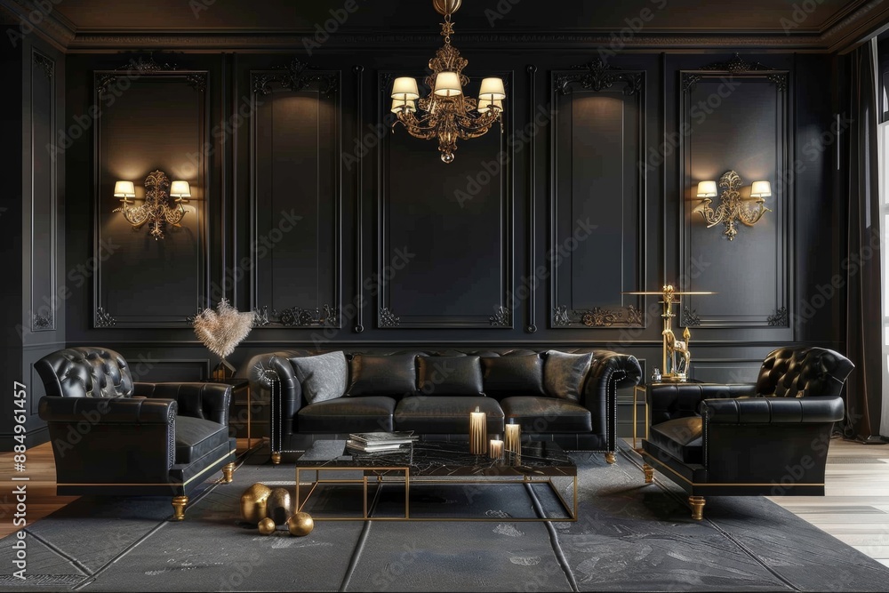 Black sofa and armchairs against of black classic paneling wall. Black sofa and armchairs against of black classic paneling wall.