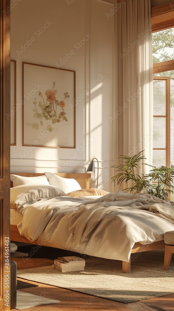 Serene bedroom with soft lighting, floral art, and cozy bedding, perfect for relaxation and comfort. Serene bedroom with soft lighting, floral art, and cozy bedding, perfect for relaxation and comfort.