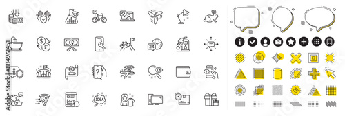 Set of Mountain bike, Deflation and Cogwheel blueprint line icons for web app. Design elements, Social media icons. Search, Chemistry lab, Clean shirt icons. Vector