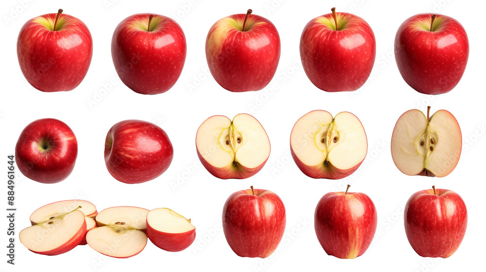 Various red apple views including sliced, halved, and whole from multiple angles isolated on transparent background, perfect for cutout PNG images Various red apple views including sliced, halved, and whole from multiple angles isolated on transparent background, perfect for cutout PNG images
