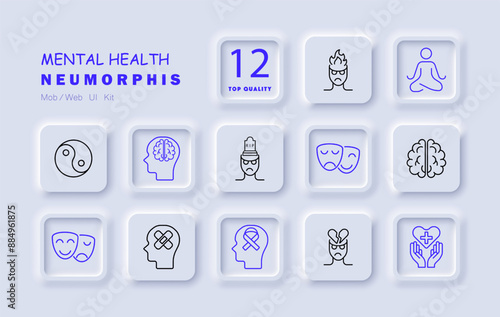 Mental health set icon. Meditation, brain, emotions, therapy, mind, balance, psychology, wellness, anxiety, stress, counseling, mental illness, self-care, health.