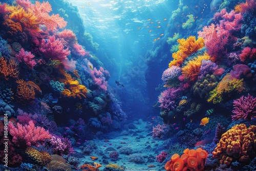 A vibrant underwater scene with colorful coral reefs, schools of fish, and a scuba diver exploring the marine life.