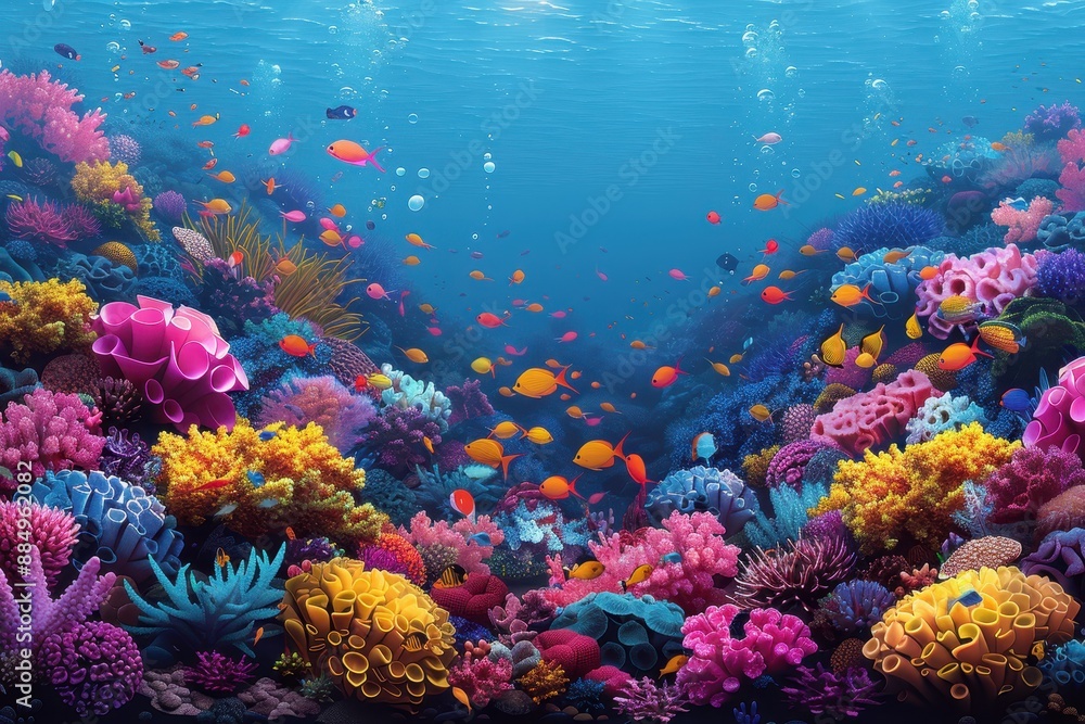 Naklejka premium A vibrant underwater scene with colorful coral reefs, schools of fish, and a scuba diver exploring the marine life.