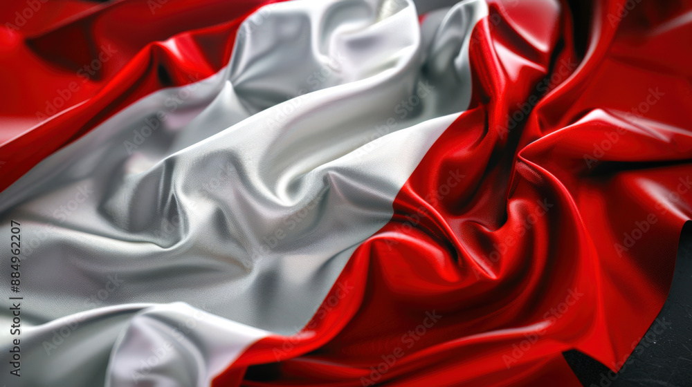The red-white-red flag of Austria. Independence Day. The concept of immigration. The Austrian flag is lying on a black table The red-white-red flag of Austria. Independence Day. The concept of immigration. The Austrian flag is lying on a black table