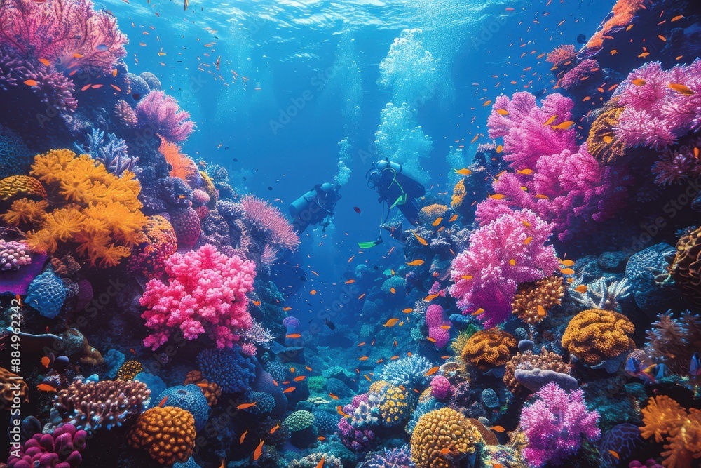 Naklejka premium A vibrant underwater scene with colorful coral reefs, schools of fish, and a scuba diver exploring the marine life.