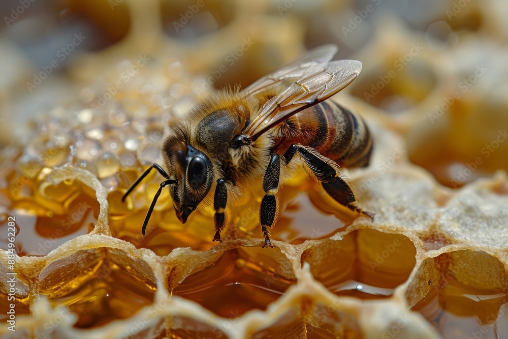 A close-up view of a bee sitting on top of a piece of honey. A close-up view of a bee sitting on top of a piece of honey.