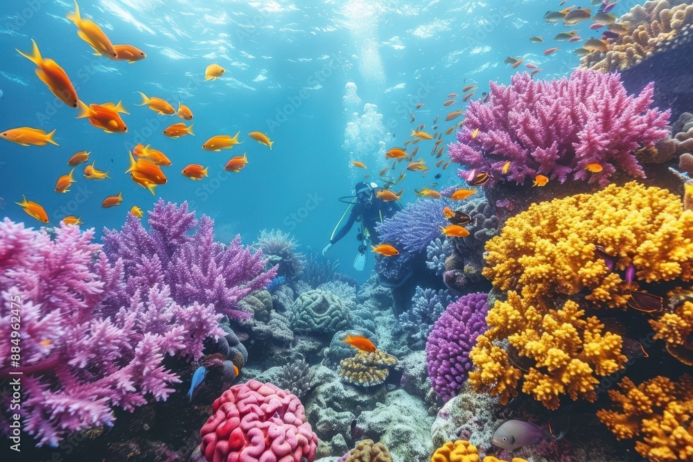 Obraz premium A vibrant underwater scene with colorful coral reefs, schools of fish, and a scuba diver exploring the marine life.