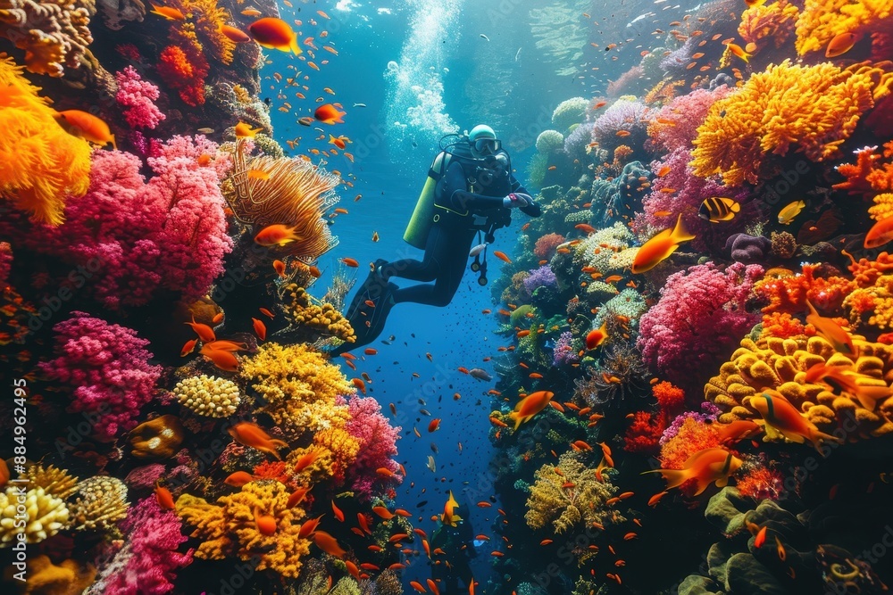 Fototapeta premium A vibrant underwater scene with colorful coral reefs, schools of fish, and a scuba diver exploring the marine life.