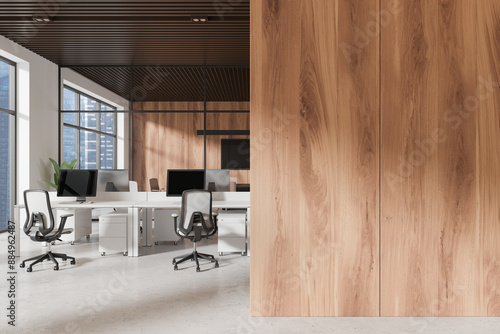 Modern office interior with wooden walls and ceilings, light background, concept of workspace design. 3D Rendering