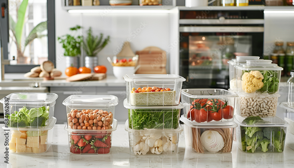 Glass and plastic containers with different fresh products on white marble table in kitchen. Food storage Glass and plastic containers with different fresh products on white marble table in kitchen. Food storage