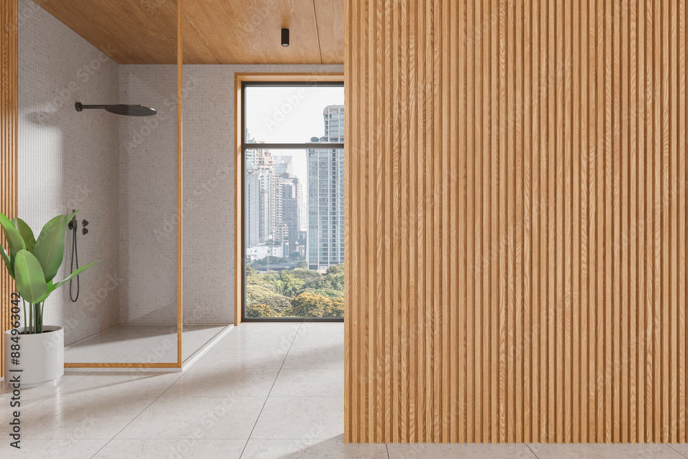 Fototapeta premium Wooden home bathroom interior with glass shower and window. Empty wall