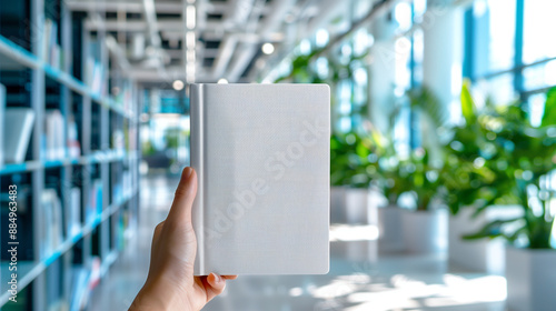 Hand holding a blank book cover mockeup in a library, perfect as wallpaper