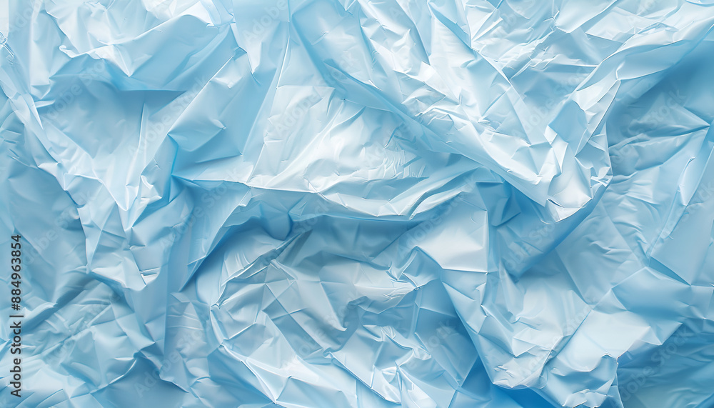 Fototapeta premium Crumpled light blue plastic bag as background, top view