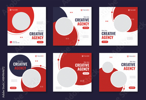 Creative round shape red corporate social media post bundle, circle element business template unique collection, set of digital marketing vector square advertisement