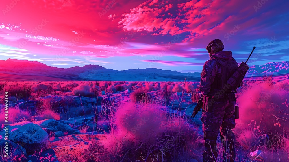 Thermal imaging of a desert landscape showing heat signatures of covert operatives Thermal imaging of a desert landscape showing heat signatures of covert operatives