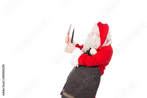 Funny Santa Claus is preparing dinner. White background. photo