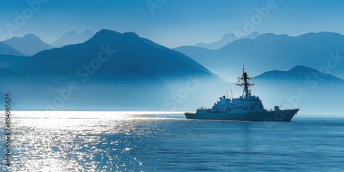 A photo of a modern military navy ship sailing in the sea, with a coastal city in the background, taken on a sunny day in the golden hour light. Military transport concept.