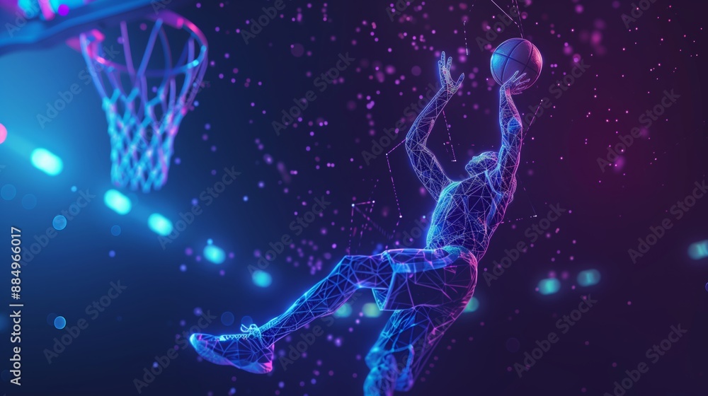 Abstract Polygonal Basketball Player in Mid-Action, Hitting the Ball with Neon Gradient Wireframe Cybernetic Particles Abstract Polygonal Basketball Player in Mid-Action, Hitting the Ball with Neon Gradient Wireframe Cybernetic Particles