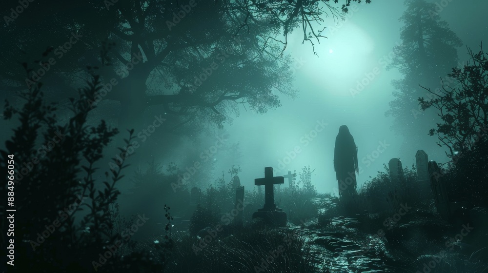 Ghostly Figure in a Foggy Graveyard. Ghostly Figure in a Foggy Graveyard.