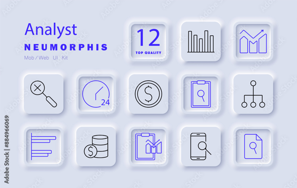 Analyst set icon. Graph, chart, magnifying glass, statistics, data, report, timeline, dollar, organization, hierarchy, clipboard, smartphone. Analyst set icon. Graph, chart, magnifying glass, statistics, data, report, timeline, dollar, organization, hierarchy, clipboard, smartphone.