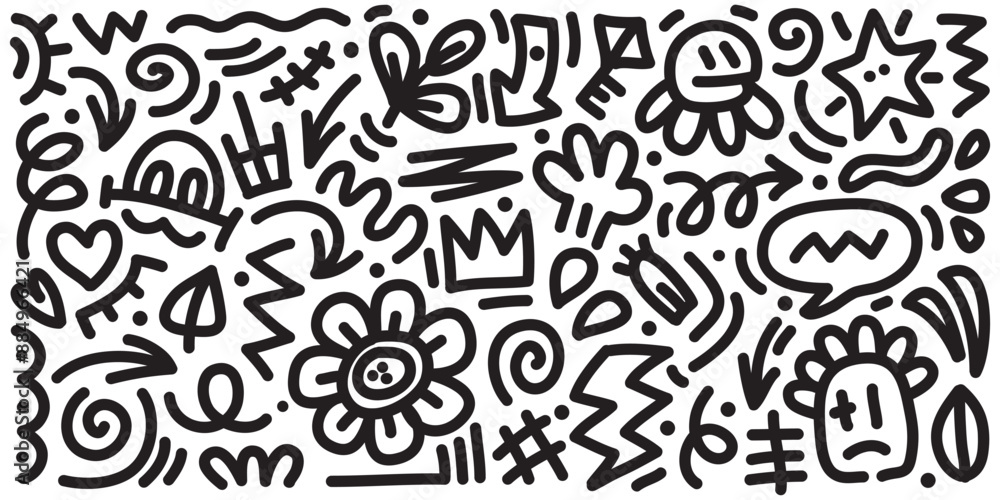 Doodle set of hand-drawn cartoony expression sign doodle, curve directional arrows, emoticon effects design elements, cartoon character emotion symbols, cute decorative brush stroke lines. Doodle set of hand-drawn cartoony expression sign doodle, curve directional arrows, emoticon effects design elements, cartoon character emotion symbols, cute decorative brush stroke lines.