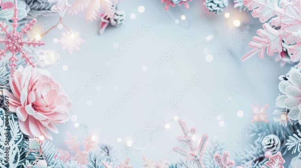 Frosted pink flowers and snowflakes on a light background. Festive winter decoration concept. Frosted pink flowers and snowflakes on a light background. Festive winter decoration concept.