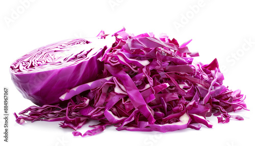 Collage with piles of shredded fresh red cabbage on white background