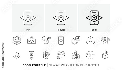 VR simulation, Panorama view, 360 degrees. Augmented reality line icons. Virtual reality gaming, augmented, full rotation arrows icons. Linear set. Line icons set. Vector