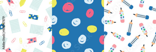 Set of school background. Back to school seamless pattern, school supplies background. Vector illustration in flat, simple style. Template for notebook covers, pattern for wallpapers, textile