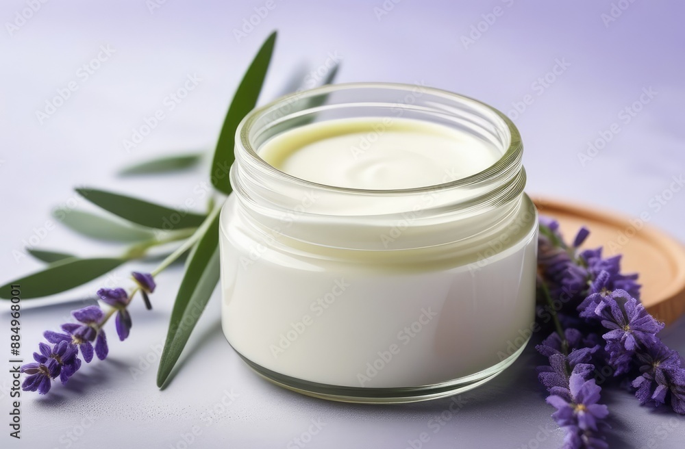 A close up of a jar with cosmetic cream and lavender flowers. beauty product showcase and presentation with copy space. Natural skin and hair care concept A close up of a jar with cosmetic cream and lavender flowers. beauty product showcase and presentation with copy space. Natural skin and hair care concept
