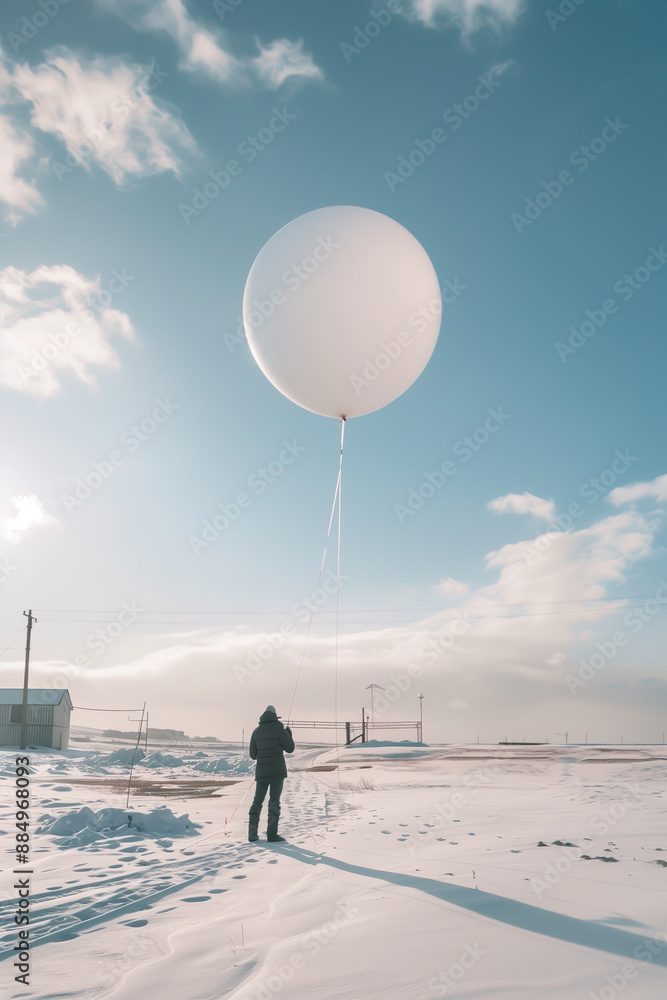 A meteorologist or technician is launching a weather balloon from a research site during winter under icy conditions.