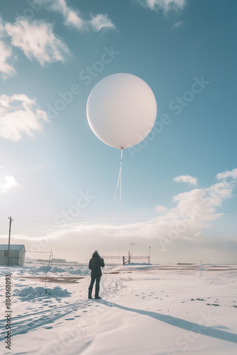 Obraz na płótnie A meteorologist or technician is launching a weather balloon from a research site during winter under icy conditions. w salonie