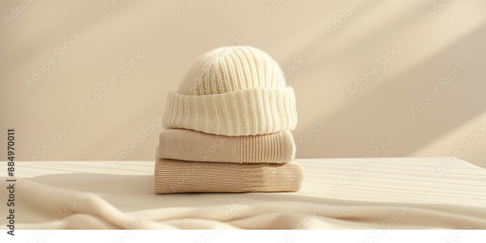 autumn clothes, three stacked beige wool sweaters with one white beanie on top, on a neutral background with soft warm lighting autumn clothes, three stacked beige wool sweaters with one white beanie on top, on a neutral background with soft warm lighting