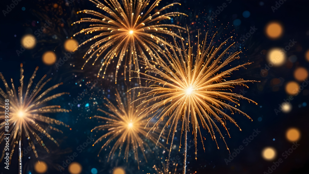 Naklejka premium Vibrant fireworks display against a dark backdrop with blue and gold abstract design, creating a festive atmosphere on New Year's Eve