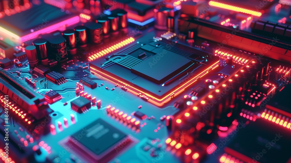 Intricate microchip circuitry with vibrant neon lights, highlighting computer interior technology in close-up
Intricate microchip circuitry with vibrant neon lights, highlighting computer interior technology in close-up