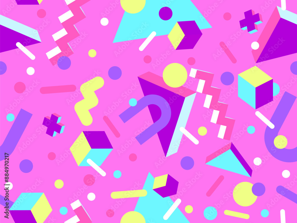 Geometric seamless pattern in 80s style. Colorful geometric pattern with isometric geometric 3D shapes. Design of promotional products, wrapping paper and printing. Vector illustration Geometric seamless pattern in 80s style. Colorful geometric pattern with isometric geometric 3D shapes. Design of promotional products, wrapping paper and printing. Vector illustration
