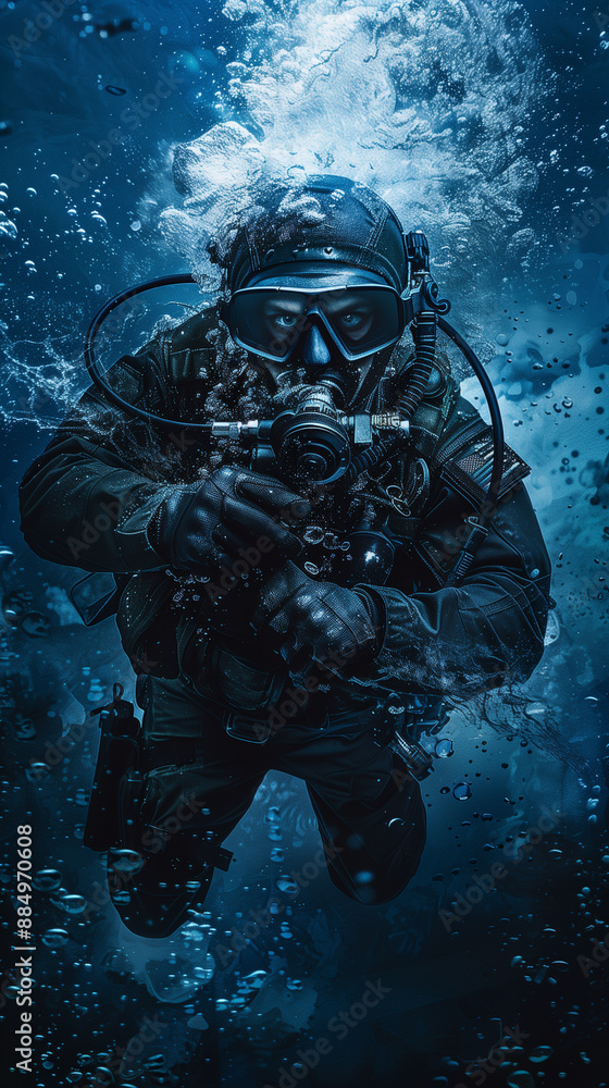Scuba diver in dark underwater environment. Scuba diver in dark underwater environment.