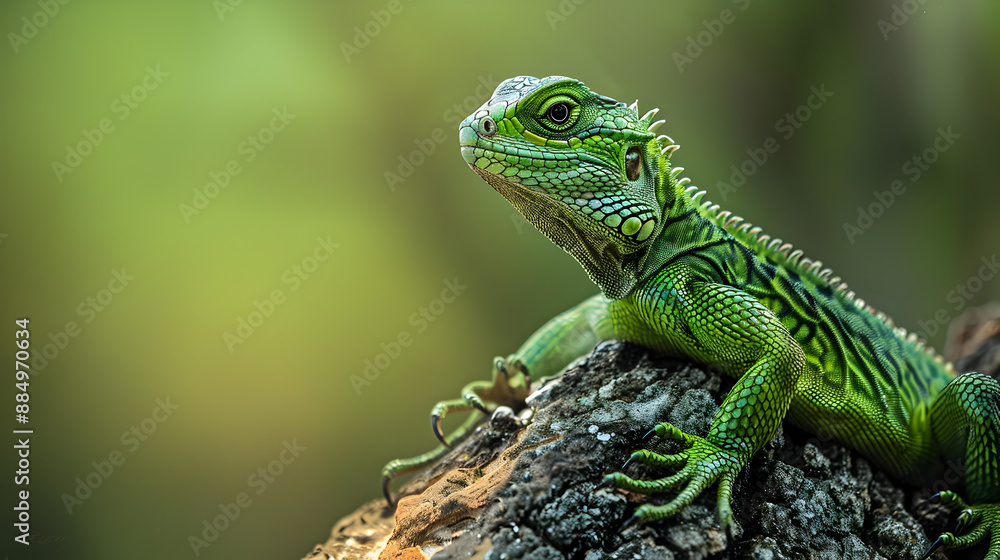Powerful Adult Green Lizard Basking in Warm Sunlight with Detailed Scales and Claws Powerful Adult Green Lizard Basking in Warm Sunlight with Detailed Scales and Claws