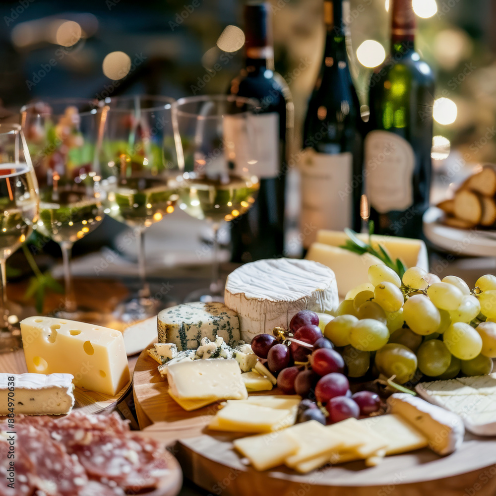 Wine bottles and wine glasses on the table and a cheese platter. AI generative. Wine bottles and wine glasses on the table and a cheese platter. AI generative.