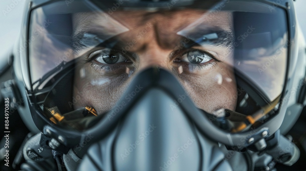 Close-up of air force pilot's face, oxygen mask, reflecting the controls of a fighter plane, intense eyes, high altitude background Close-up of air force pilot's face, oxygen mask, reflecting the controls of a fighter plane, intense eyes, high altitude background