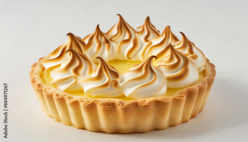 a classic French tarte aux citrons, featuring a buttery pastry crust filled with tangy lemon curd and topped with a delicate meringue, set against a clean white background a classic French tarte aux citrons, featuring a buttery pastry crust filled with tangy lemon curd and topped with a delicate meringue, set against a clean white background