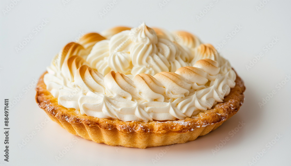 a classic French Tarte Tropézienne, featuring a brioche-like pastry filled with a creamy mixture of buttercream and whipped cream, set against a clean white background a classic French Tarte Tropézienne, featuring a brioche-like pastry filled with a creamy mixture of buttercream and whipped cream, set against a clean white background